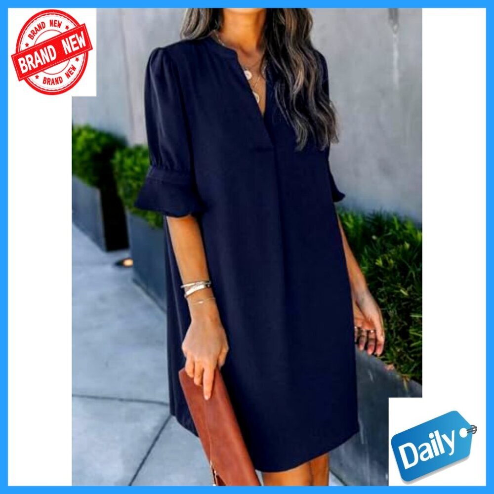 Knee-Length V-Neck Shift Dress with Ruffle Sleeves, Polyester Casual Summer Wear - Picture 2 of 7